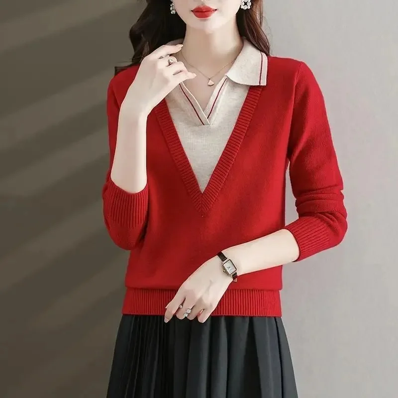 Модный полосатый свитер с лацканами искусственный из двух предметов женская