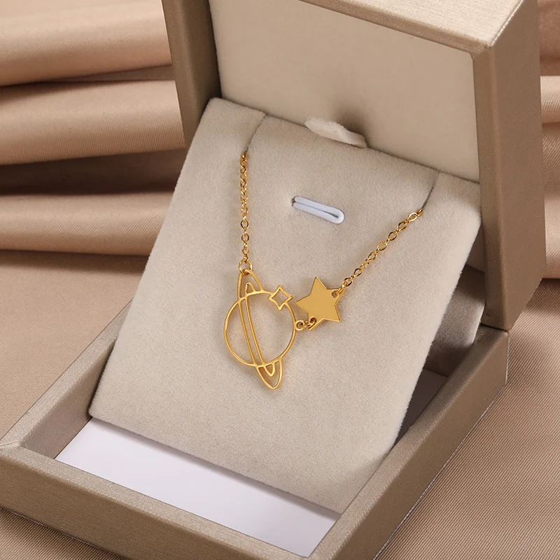 

2022 New Stainless Steel Planet Pendant Star Necklace For Women Romantic Choker Wedding Jewelry Girls Birthday Friendship Gifts