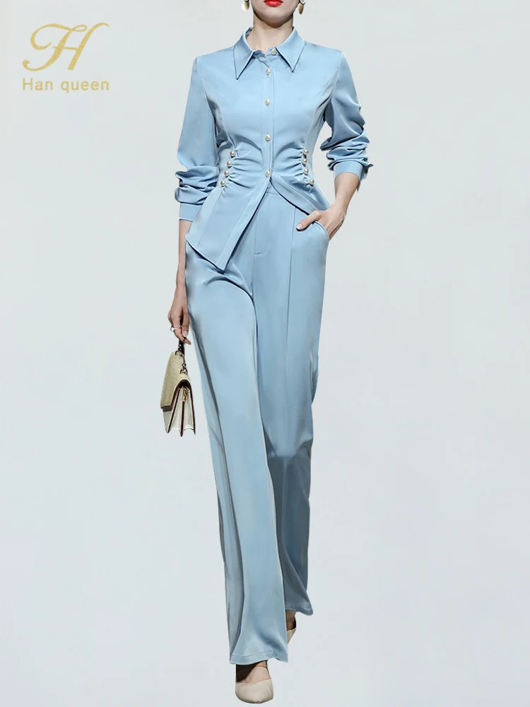 H Han Queen Autumn New Occupation 2-Piece Suits Women 2022 Elegant Long Sleeve Smocked Shirt & Wide Leg Pants Korean Work Set