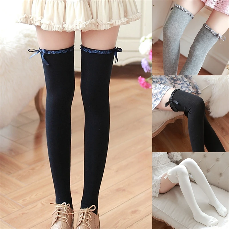 

Sweet Lace Stocking Women Warm Cotton High Knee Socks Thigh Bowknot Long Stockings Girls Dress Calcetine Medias