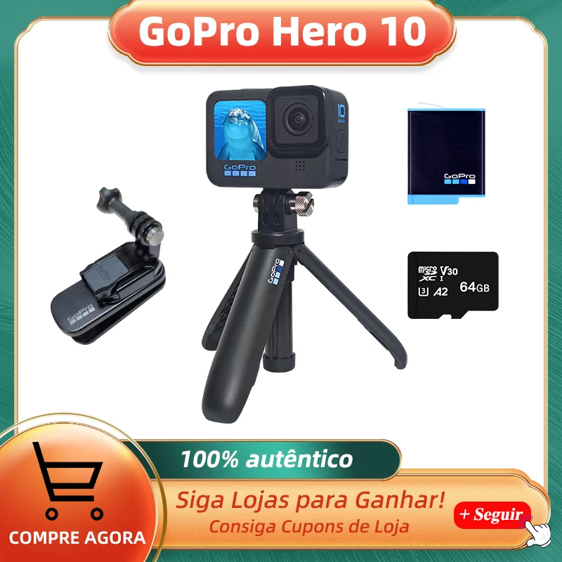 Gopro hero 10 preto câmera de ação subaquática 4k 5.3k60 vídeo, capacete esportes cam 23mp fotos, 1080p streaming ao vivo go pro hero10