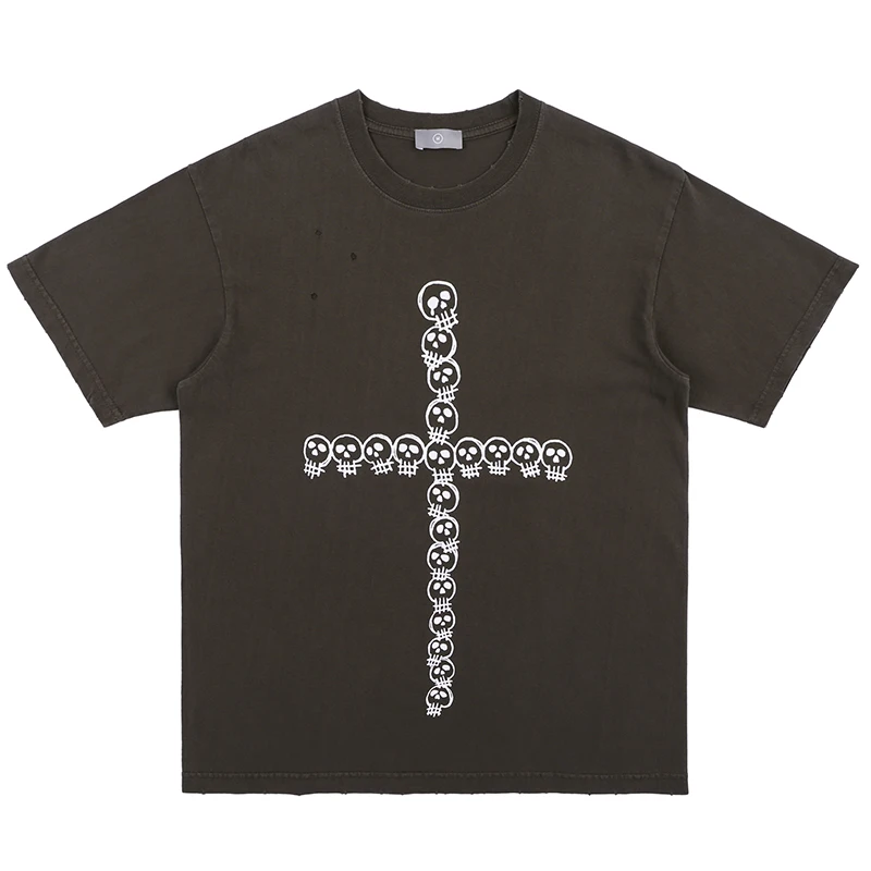 

Harajuku Skull Cross Hole Retro Mens Summer Tshirts Short Sleeve Crew Neck Solid Color Streetwear Top Tees Couple Loose T Shirt
