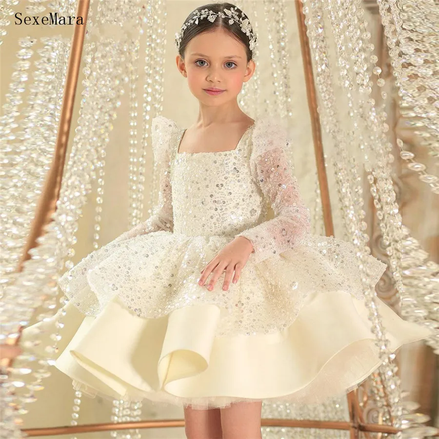 New Ivory Flower Girl Dresses Glitter Sequin Baby Girl Dress Square Neck Puffy Dresses For Girls Kids Birthday Party Gown