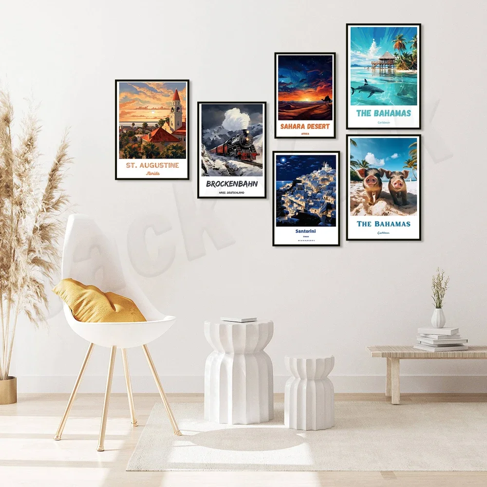 German train Brocken Railway Sahara Desert Himeji Castle St. Augustine Ravello Bahamas Jerusalem Santorini travel poster