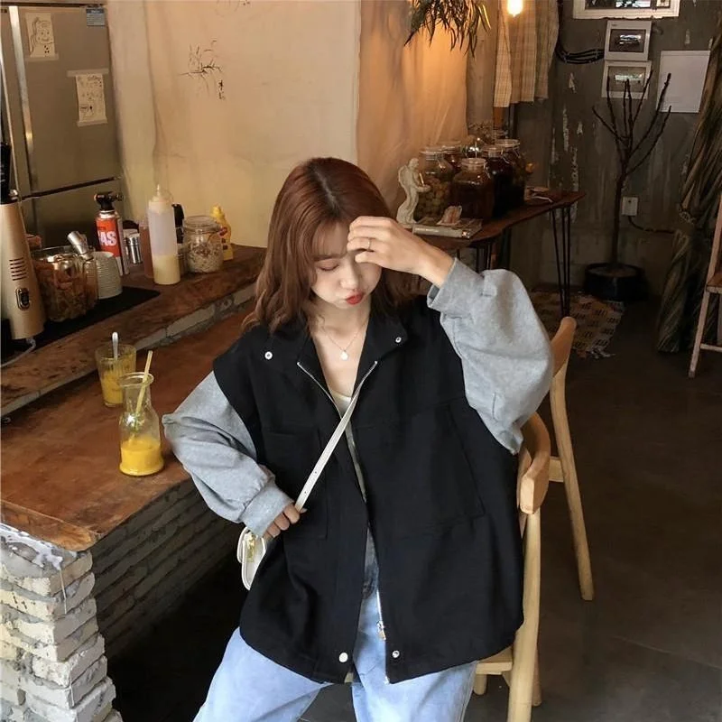 

Куртка женская оверсайз на молнии, жаккардовая элегантная уличная одежда в стиле Харадзюку, черная Свободная верхняя одежда в Корейском ст...