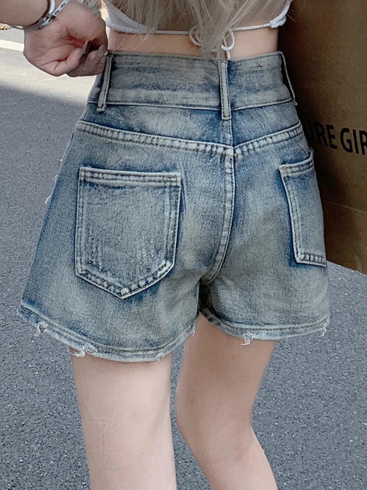 Retro Vintage Vintage Denim Shorts With Frayed Edges A-Line Hot Pants 2023 Summer New Fashion Women'S Clothing