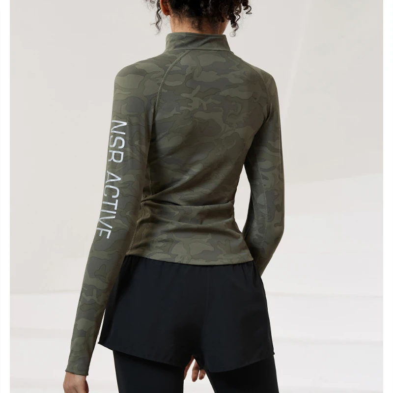 High Quality Gym Camouflage Sport Long Sleeves Running Women Tight Half Zipper Yoga T Shirts Workout Top Athletic Fitness Tops