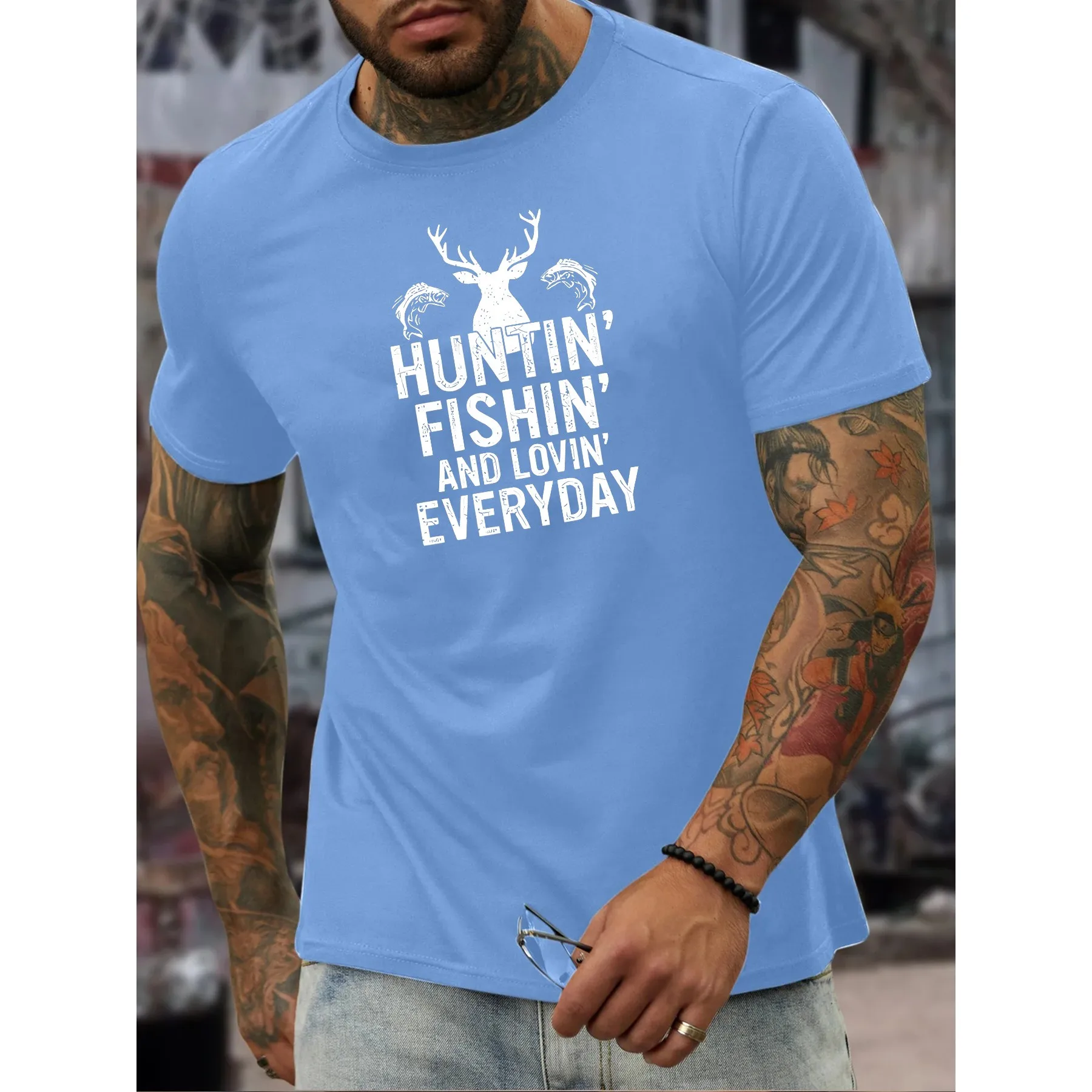 Фото Футболка с графическим принтом Hunting Fishing Lovin Everyday для мужчин, повседневная хлопковая футболка с круглым вырезом и короткими рукавами №1