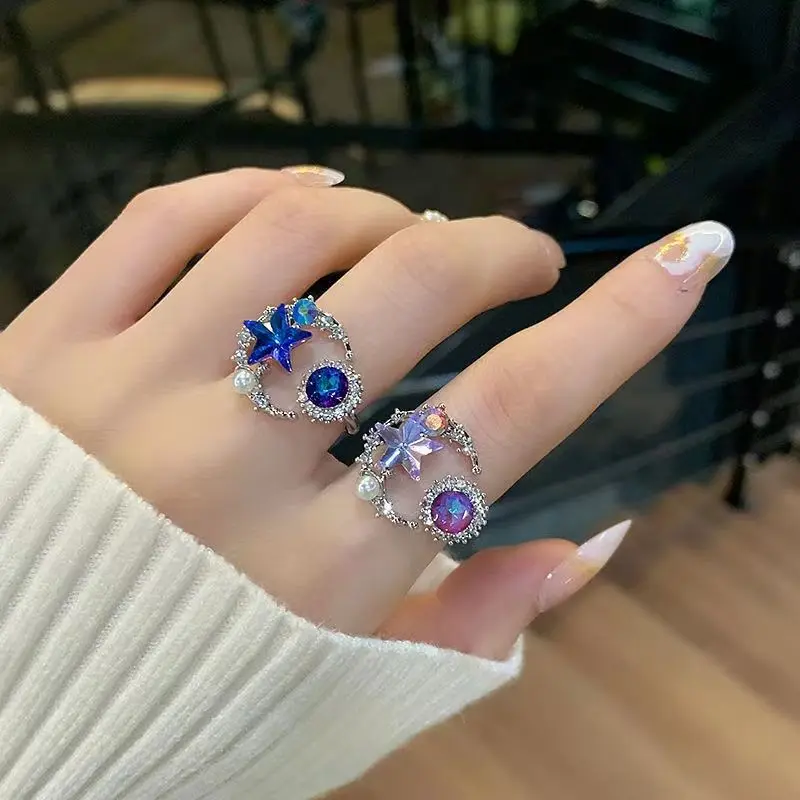 

Mew Blue Crystal Starry Sky Rings Young Girls Free Size Twinkle Purple Crystal Star Moon Rings for Woman Jewelry Gift Charm