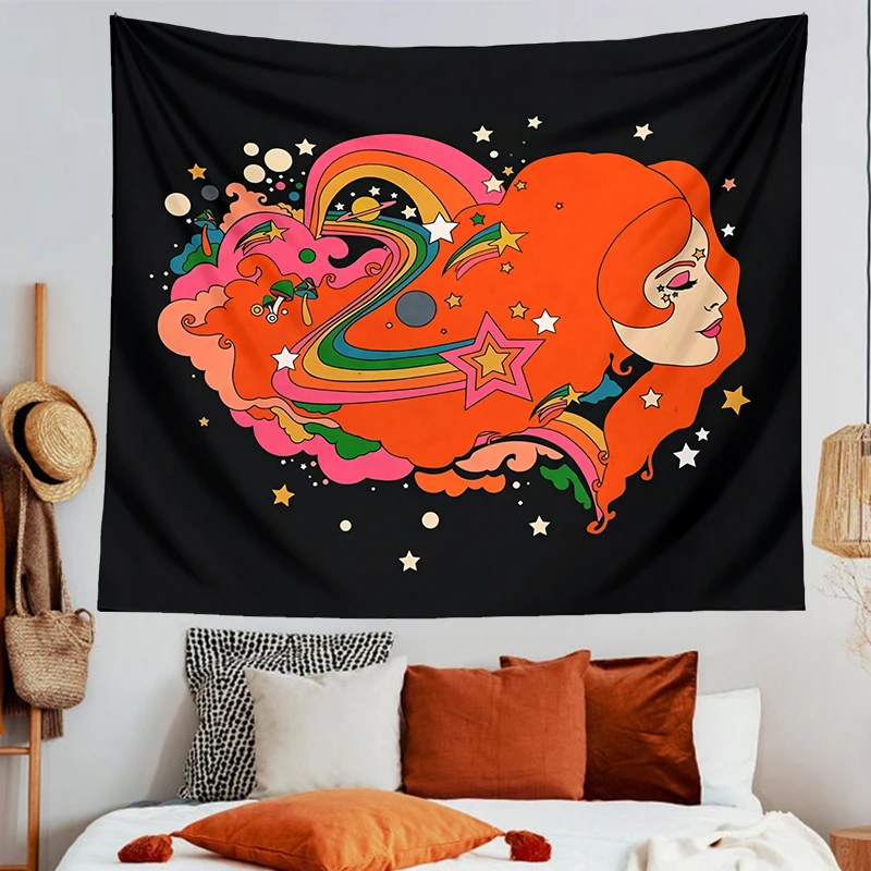 

Retro girl Wall Art Tapestry Wall Hanging Retro Rainbow Flower Vintage Sunshine black Tapestries 70s Art Home Decor Psychedelic