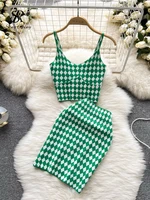 knitted fashion plaid women sets summer 2022 sleeveless v neck elegant elastic waist mini skirt two piece set