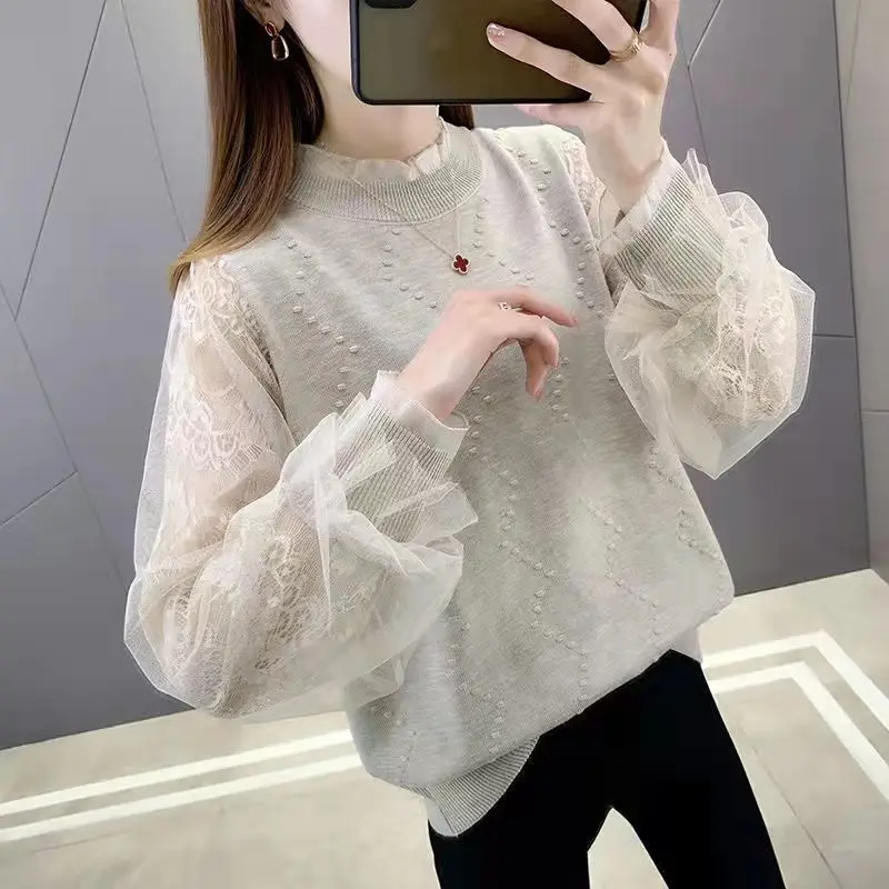 

Pullovers solid female 2022 lace sleeve bottoming shirts Female western western western woven sweater women's top sweaters