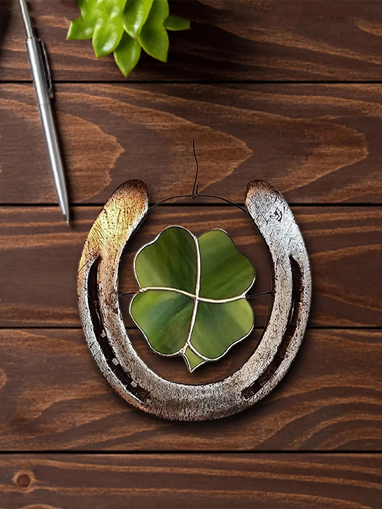 

Four Leaf Clover Good Luck Horseshoe Lucky Charms Metal Handmade Hangings Ornaments Room Garden Pendant Door Wall Decorations