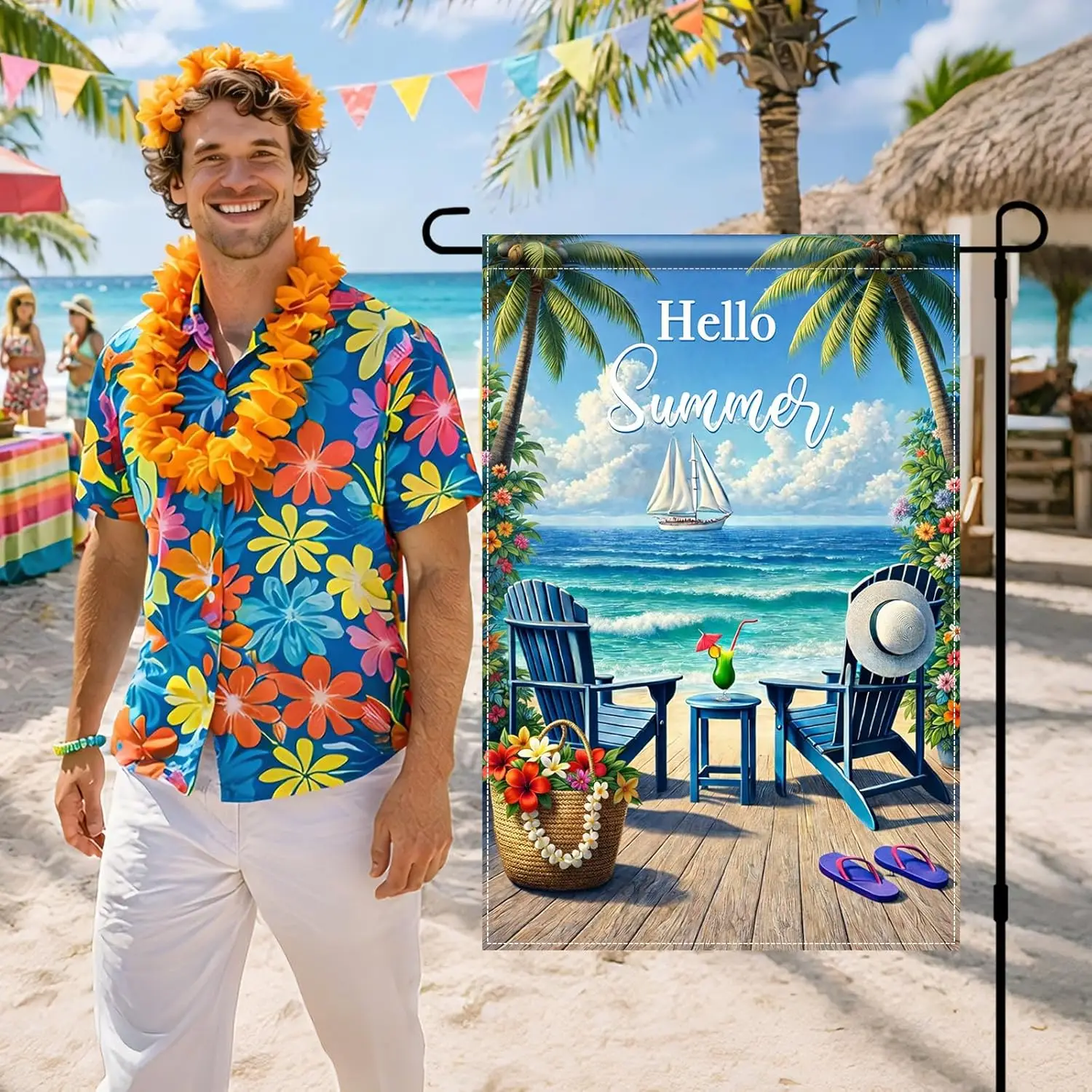 Фото Флаг BlissYard Hello Summer Coastal Garden 12x18, двусторонний, вертикальный, для улицы, с видом на пляж, океан, тропический патио, Y AAS №2
