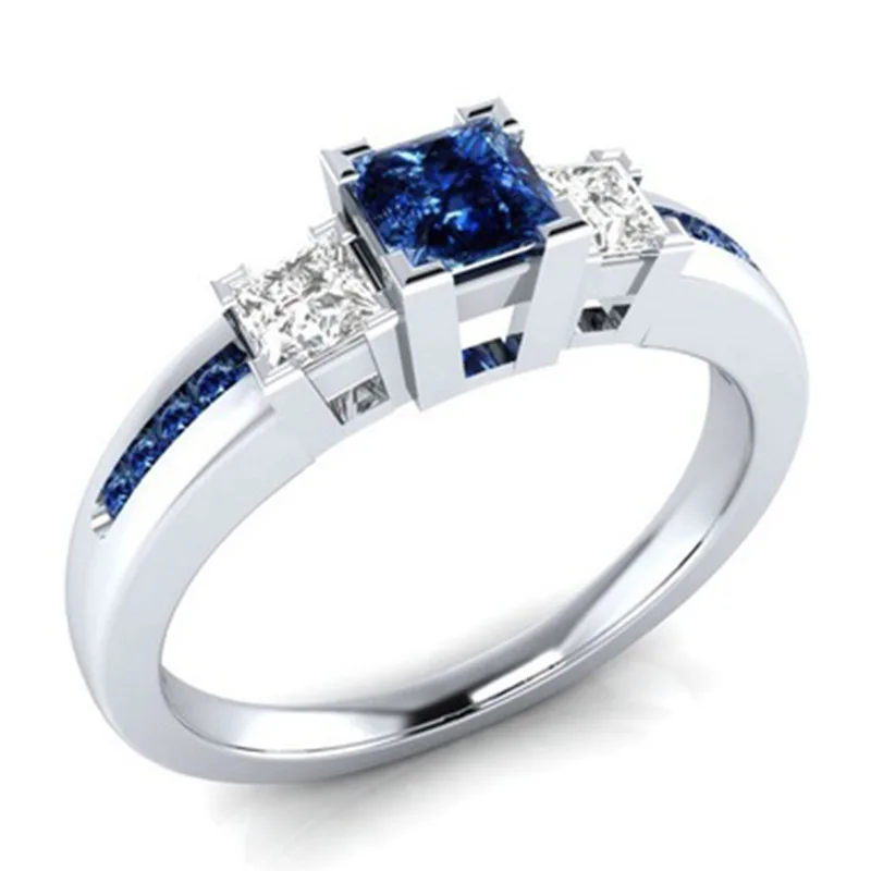 

Unisex Male Female Blue Square Zircon Ring Fashion Silver Color Wedding Band Crystal Promise Engagement Rings For Men And Women