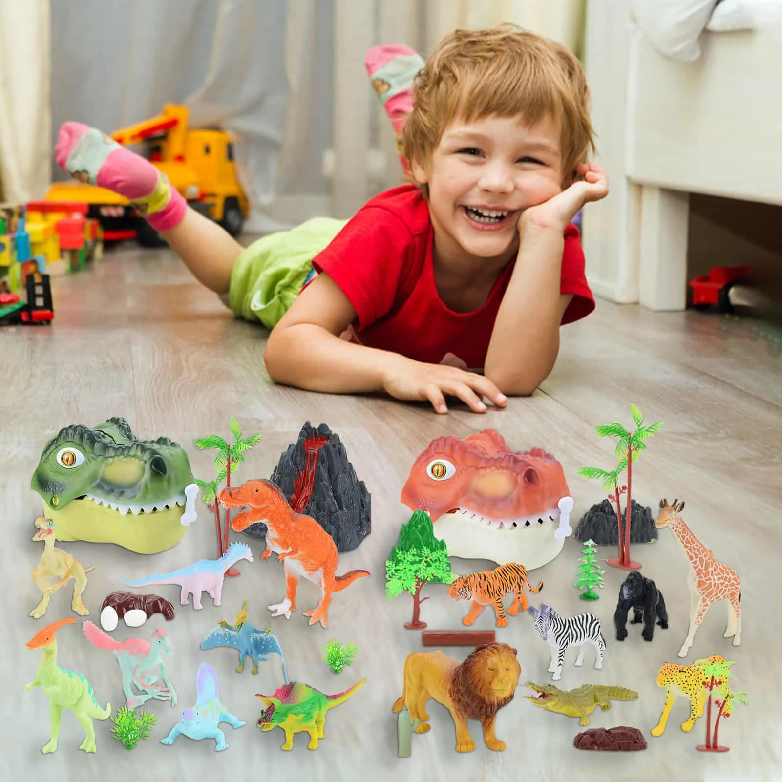 

Dinosaur Head Storage Box Dinosaur Toys For Kids Dinosaur Collector Toy Box & Playset Large Portable Dinosaur Storage Box Set To