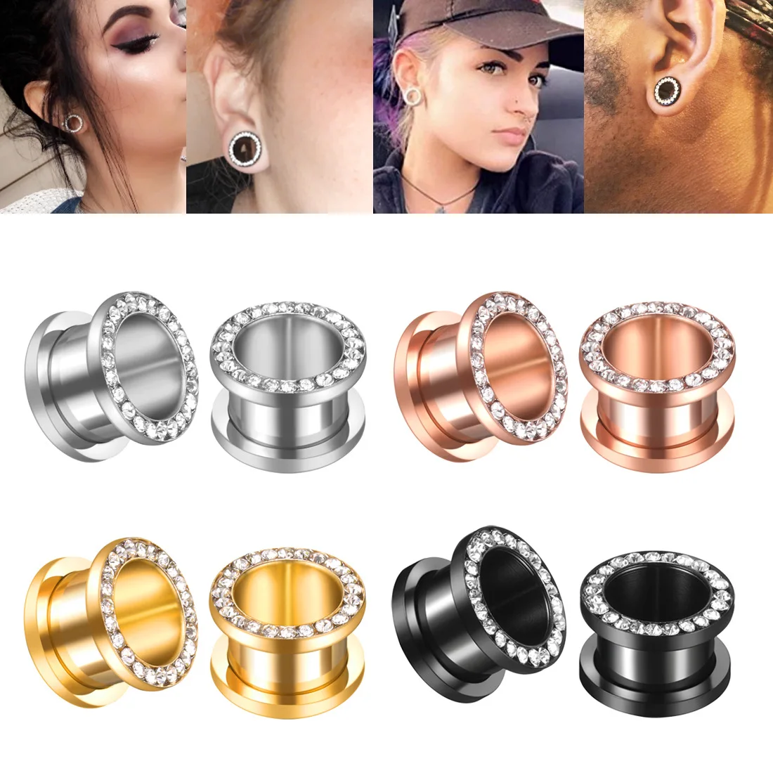 

2PCS Ear Tunnels Plugs Piercing Zircon 316 Stainless Steel Tunnels Plugs Stretchers Expanders Gauges Ear Piercing Ring Jewelry