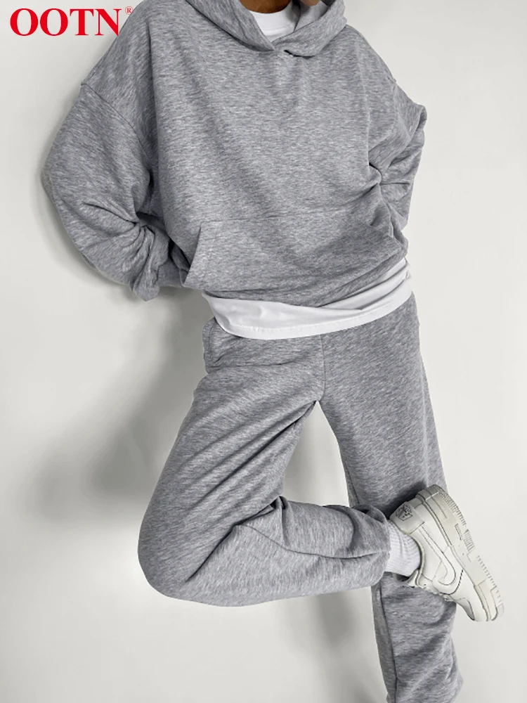 

OOTN коричневые повседневные спортивные комплекты с капюшоном, женские модные брюки с эластичной резинкой на талии, костюмы, брюки-карандаш, ...