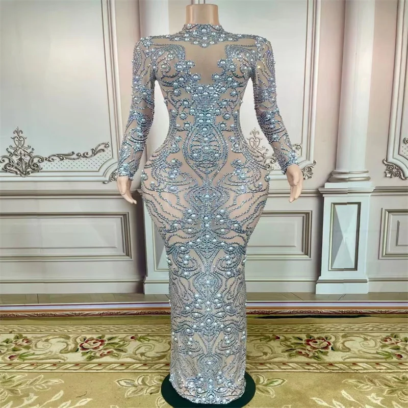

Q583 Jumpsuit Pearls New Rhinestones Perform Tight Singer Transparent Long Sleeves Music Party Nightclub Costume Women Grace Bar