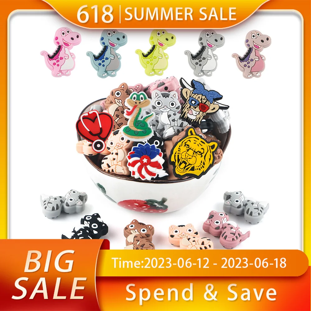 

Sunrony 5-10Pcs New Silicone Beads Food Grade Silicone Focal Bead Cat Dinosaur Jewelry Making DIY Bracelets Necklace Accessories