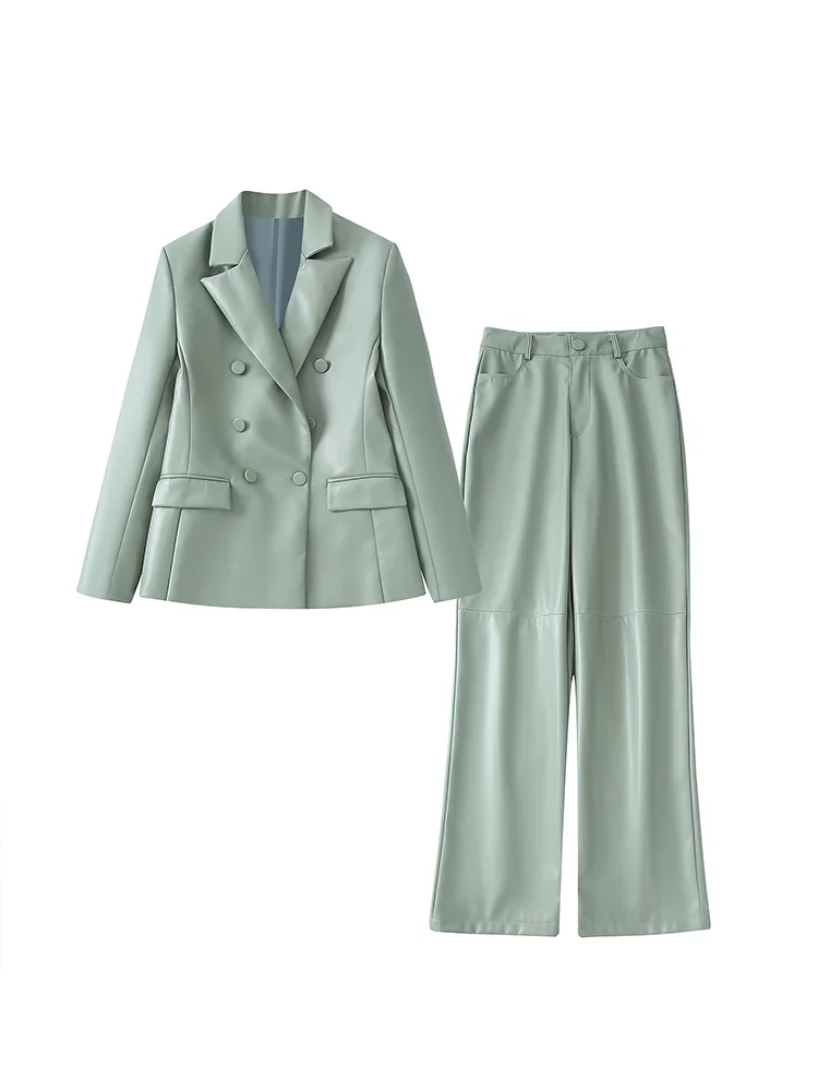 

Elegant Office Work Faux Leather Suits For Women Double Breasted Blazer And Straight Leg Pants Two Piece Sets Womens Outfits