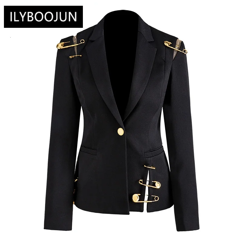 

Loose Fit Black Hollow Out Pin Spliced Jacket Blazer New Lapel Long Sleeve Women Coat 2023 Elegant High Quality Luxury Designer