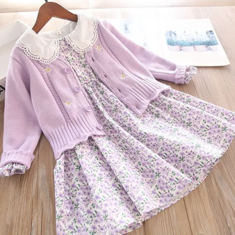 

Новинка осеннее платье для девочек весенне-осенний вязаный кардиган с длинным рукавом + детализированное Цветочное платье комплект из 2 предметов