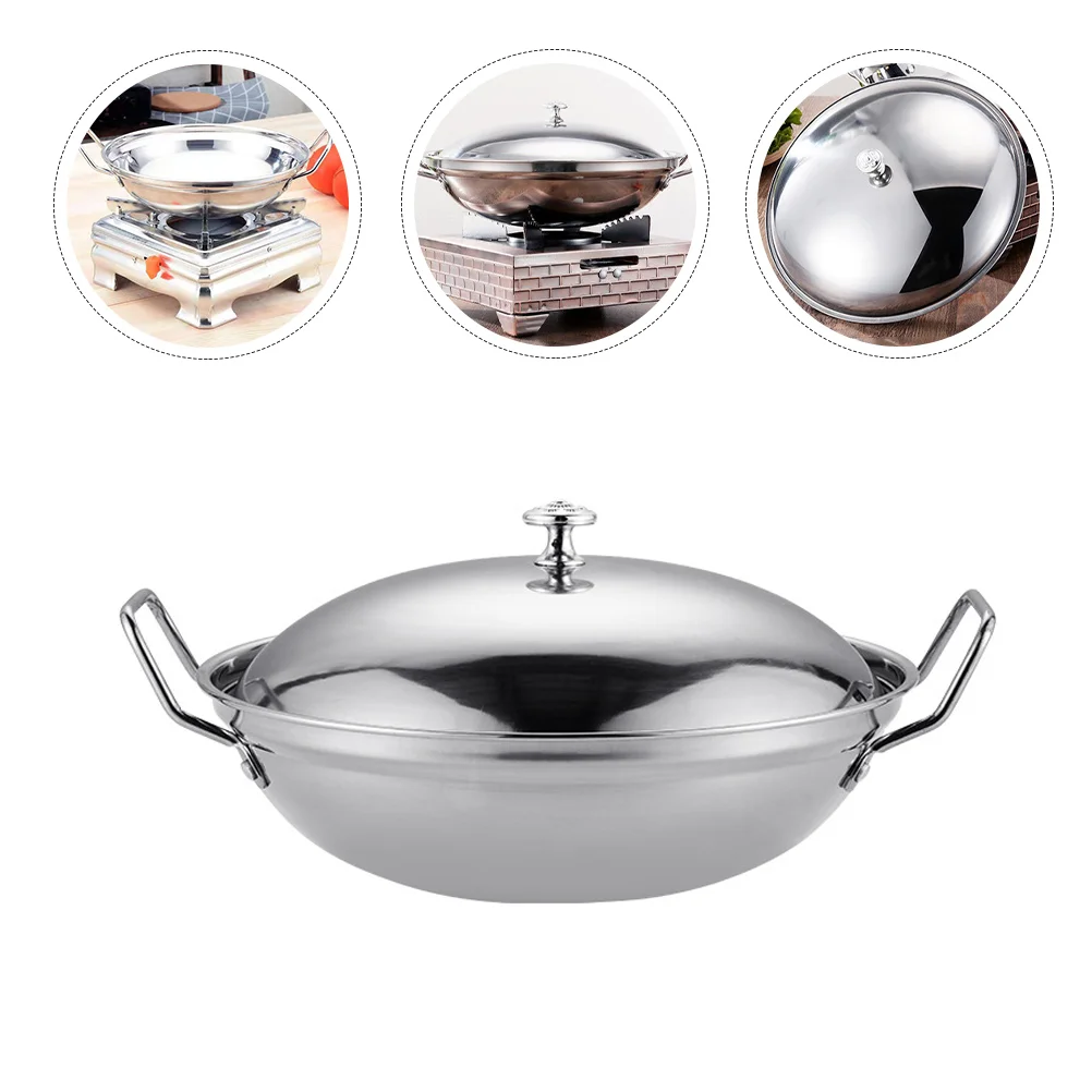 

Stainless Steel Induction Frying Pan Kitchen Utensil Cookware Double Handle Cooking Tool Dry Lid