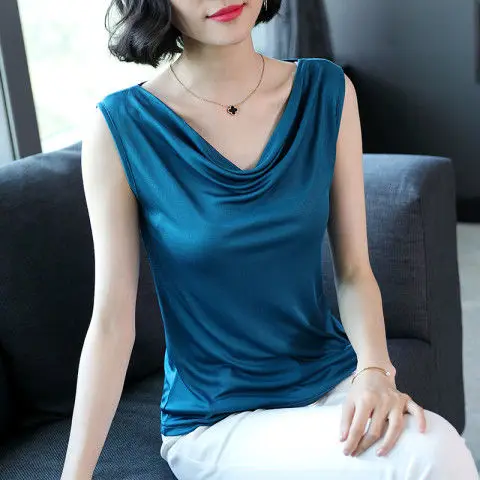 Ice silk pile collar  women's bottoming  solid sexy sleeveless slim fit thin shirt  korean fashion clothing  streetwear top