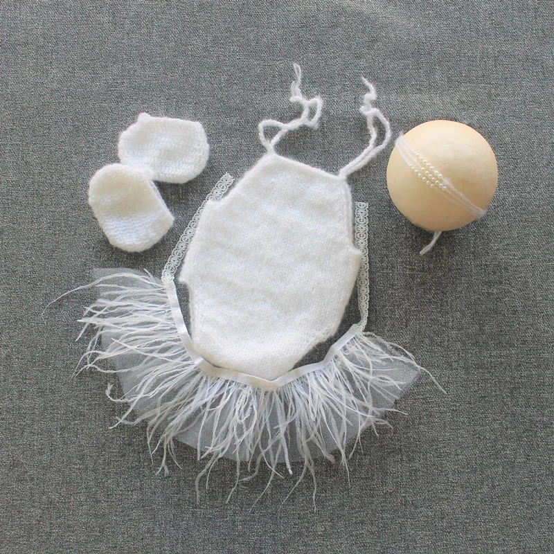 

4 Pcs Newborn Photography Costume Pearl Headband Jumpsuit Feather Skirt Shoes Suit Baby Photography Props Accessories Costume