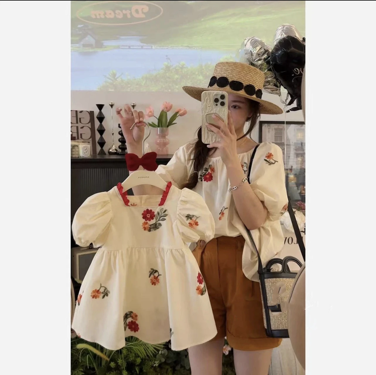 

Mom and Daughter Equal Clothing Baby Girls Floral Dress 2023 Summer Women Blouse and Short 2 Pieces Sets Mommy and Me Clothes