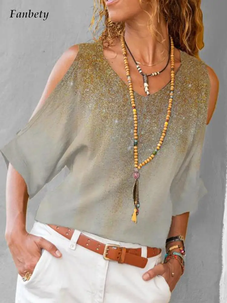 

Elegant Female Commute Blouse 2022 Retro Harajuku Abstract Pattern Print Tops Women Shirts Casual Off Shoulder Half Sleeve Blusa