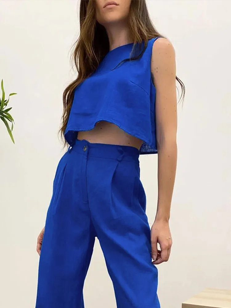 Two Piece Set Woman Cotton Linen Trouser Women's Suits Summer Round Neck Solid Sleeveless Crop Tops Casual Wide Leg Pants Simple