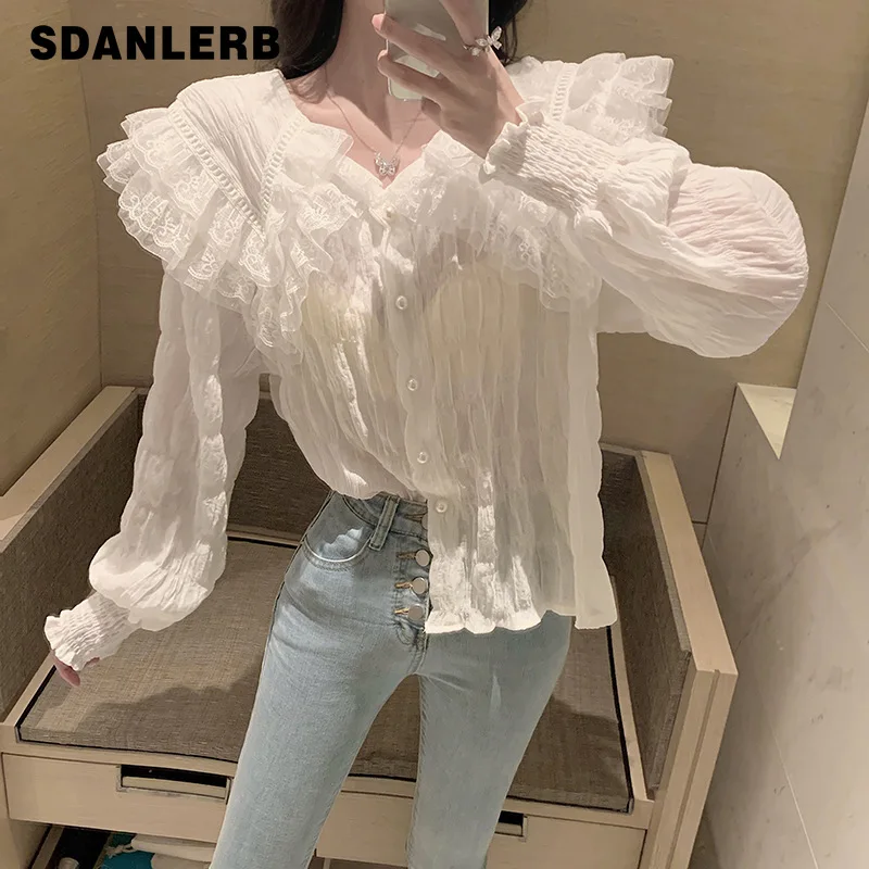 

Goddess Temperament Oversleeves Shirt Women's Spring Autumn Pearl Breasted Gauzy Blouse Loose Sweet Solid Color Blusas Mujer
