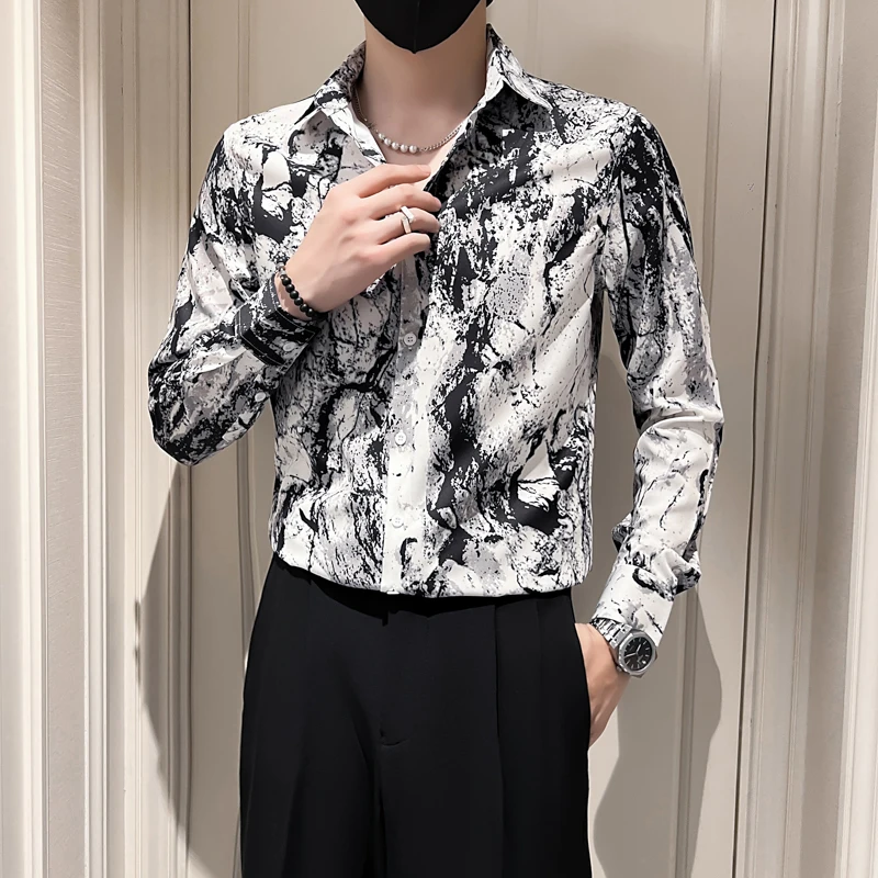 2022 Ink Splash Print Shirt Men Autumn Long Sleeve Casual Slim Business Formal Dress Shirt Streetwear Social Party Tuxedo Blouse