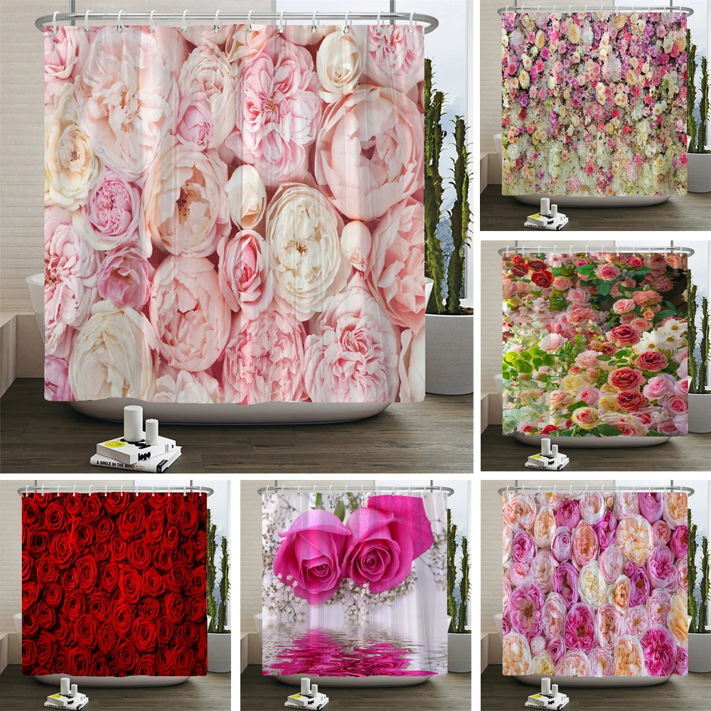 

Floral Shower Curtain Boho Spring Flower Colorful Pink Waterproof Bathroom Curtain for Bathtub Decoration with Hooks 180x200