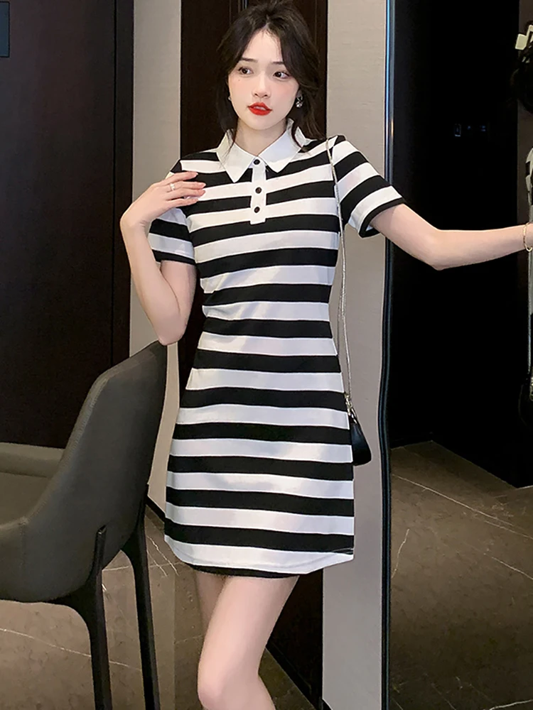 Women Korean Elegant Bodycon Dress Summer Black Striped Short Sleeve Polo Collar Mini Prom Dress 2023 Fashion Casual Party Dress