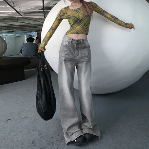 Серые женские джинсы с высокой талией, прямые мешковатые джинсовые брюки, американская мода в Корейском стиле, 2024, Y2K, градиентные женские джинсовые брюки с широкими штанинами