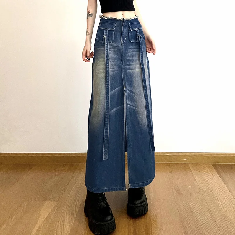 

2023 American front split double ribbon Denim skirt women's hot girls' multi pocket high waist slim temperament skirt