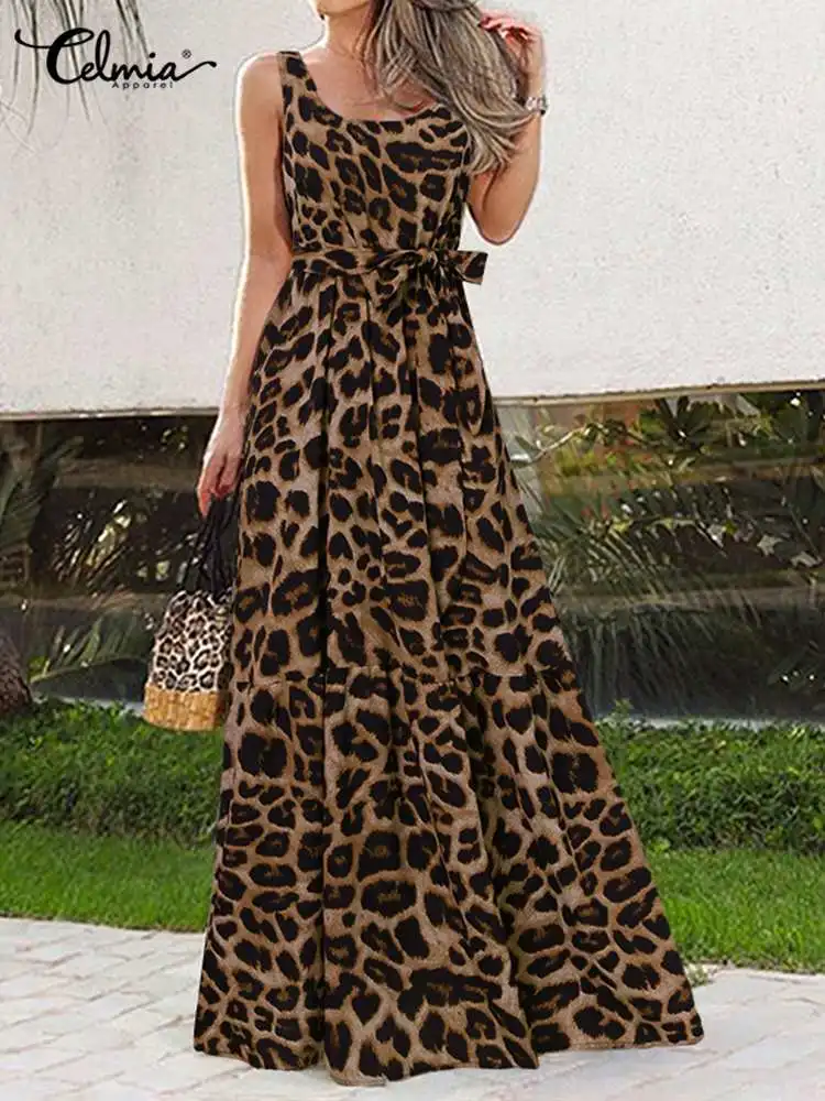 

2023 Summer Bohemian Sexy Leopard Print Maxi Dress Elegant Women Sleeveless Party Vestidos Casual Swing Beach Sundress