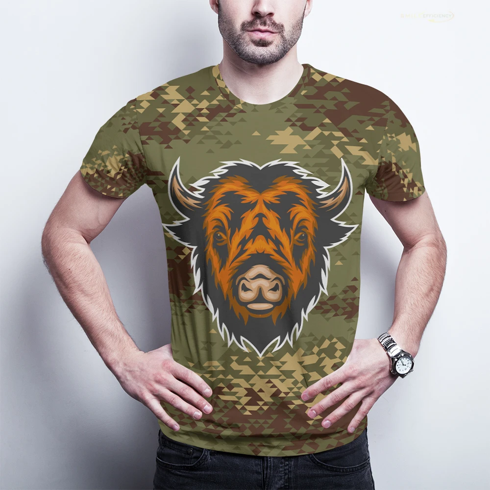 2022 летняя Винтажная футболка с 3D-принтом камуфляжная Bison Ox head Graphic Уличная