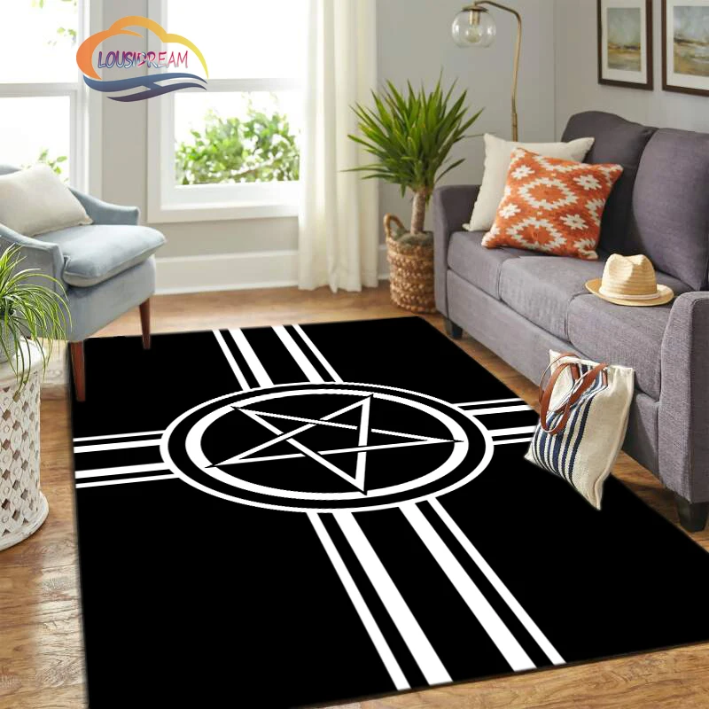 

Triple Moon Goddess rug Simple Pentagram carpet，Supernatural Satan Black White Pentagram rug， Wicca Pentacle rug