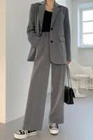 elegant loose grey women full sleeve blazers jackets wide leg pants suits female casual ol 2 pieces sets 2022 autumn ws26