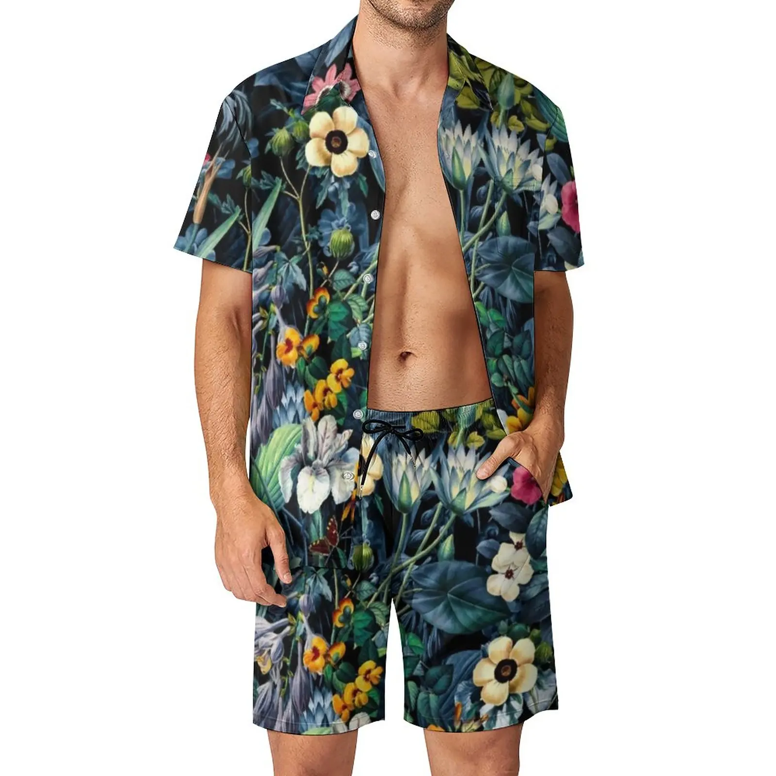 

Jugnle Floal Men Sets Exotic Garden Flowers Casual Shirt Set Trending Beachwear Shorts Summer Suit Two-piece Plus Size