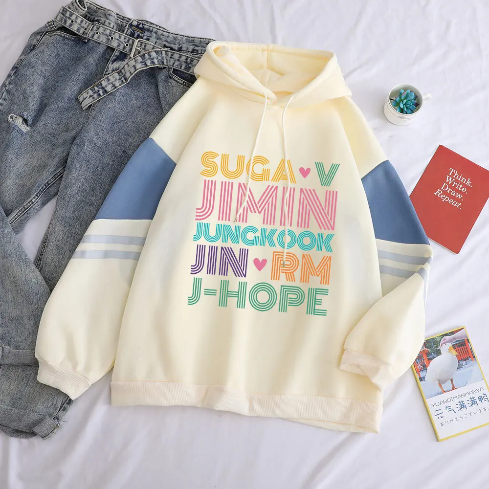 

Woman Clothes Y2K Bangtan Boys Jungkook Suga Jimin V Jin J-hope RM Contrast Color Splicing Fleece Top Women Hoodies Sweatshirts