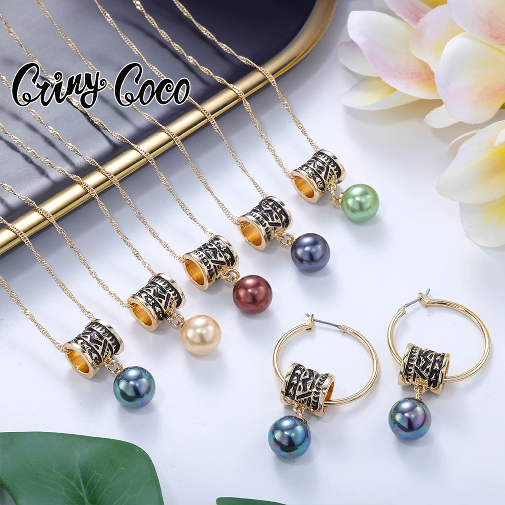 

Cring Coco 6 Colour Pearl Pendant Necklace Large Hoop Earrings Gold Plated Hawaiian Polynesia Jewelry Set For Women Wedding Gift