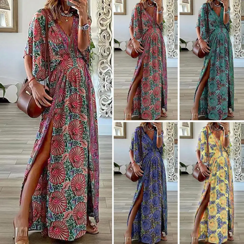 

Женское свободное платье средней длины, элегантное богемное платье с V-образным вырезом, коротким рукавом, высокой талией, V-образным вырезом и разрезом, 2023