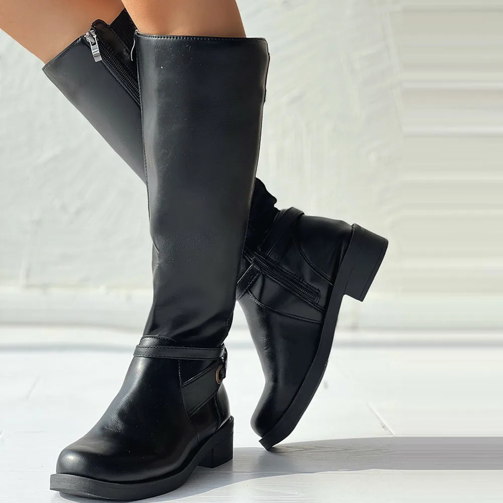 

Thick Heel Round Toe Knee-high Boots Metal Buckle Decorative Motorcycle Boots Fashionable Commuting Comfortable Women's Boots
