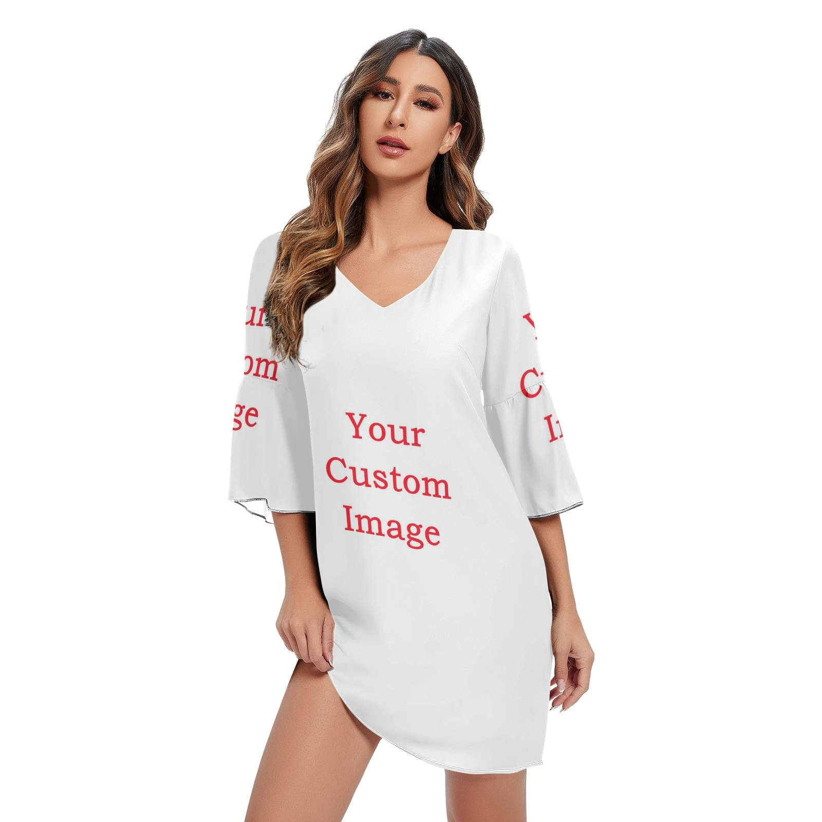 

Женское летнее платье с длинным рукавом, повседневное шифоновое короткое платье с индивидуальным рисунком, домашняя одежда, свободное мини...