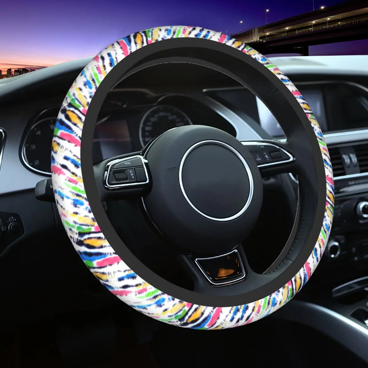 

Zebra Skin Colorful Pattern Animal Car Steering Wheel Cover 38cm Anti-slip Elastische Auto Decoration Steering-Wheel Accessories